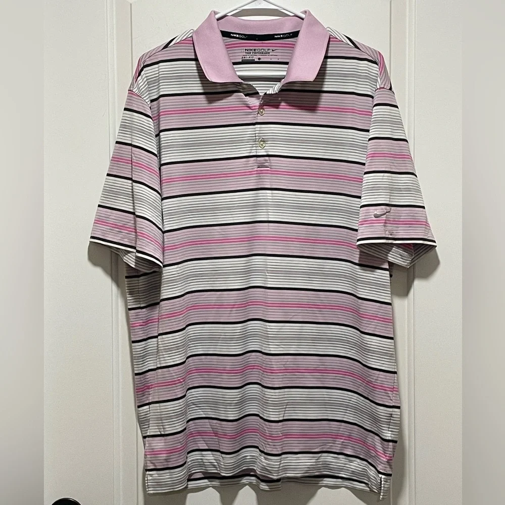 Nike Golf Tour Performance Dri-FIT Sz Large Pink White Black Stripe Sporty Polo
